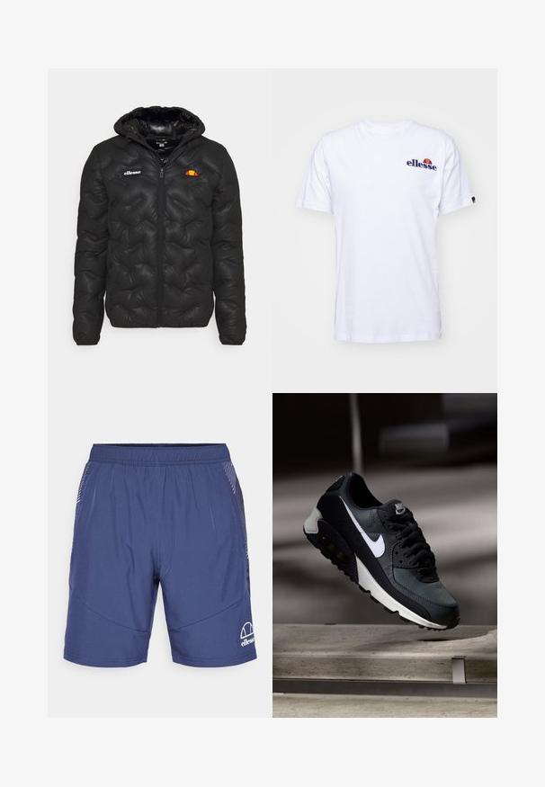 Chaqueta acolchada negra con capucha, con un diseño acolchado, cierre delantero de cremallera y un logo en el pecho izquierdo. Puños elásticos.; Camiseta de algodón blanca de mangas cortas, con un logo bordado en azul marino en el lado izquierdo del pecho y un acento de color vibrante por encima del logo.; Pantalones cortos color azul marino de tejido ligero, con una cinturilla elástica, bolsillos laterales y un logo blanco en la parte inferior izquierda.; Zapatilla negra y verde con una parte superior de malla con diseño, logotipo Swoosh blanco, cuello acolchado y una unidad de amortiguación de aire visible en la suela.