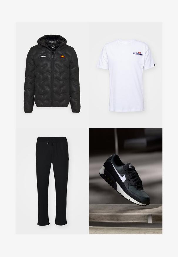 Svart puffjacka med huva, med ett quiltat mönster, dragkedja fram och en logotyp på vänster bröst. Elastiska ärmslut.; Vit bomull t-shirt med korta ärmar, med en marinblå broderad logotyp på vänster bröst och en livfull färgaccent ovanför logotypen.; Svarta joggerbyxor tillverkade av mjukt tyg, med elastisk midja och dragsko, slits i nederkant och subtil mönsterstruktur.; Svart och grön sneaker med ett mönstrat mesh-övre, vit swoosh-logotyp, vadderad krage och en synlig luftkudde i sulan.