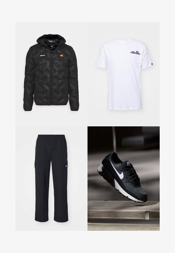 Czarna puchowa kurtka z kapturem, o pikowanej strukturze, z zapięciem na zamek z przodu oraz logo na lewej piersi. Elastyczne mankiety.; Biała bawełniana koszulka z krótkim rękawem, z granatowym haftowanym logo po lewej stronie klatki piersiowej oraz żywym akcentem kolorystycznym nad logo.; Ellesse TERATILO czarny; Czarno-zielony sneaker z wzorzystą siateczką górną, białym logo Swoosh, wyściełanym kołnierzem oraz widoczną jednostką poduszkową w podeszwie.