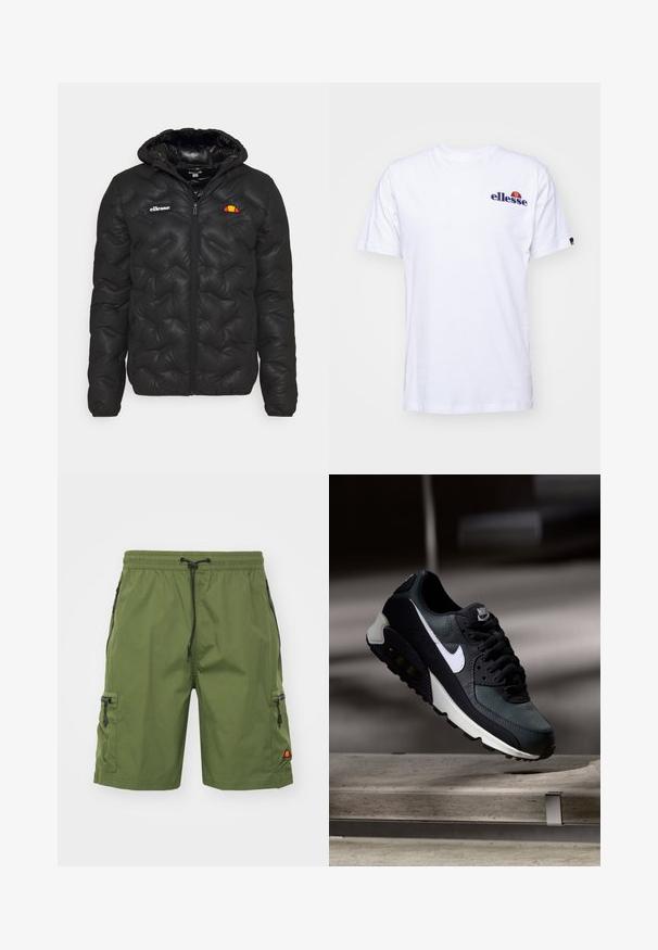 Black puffer jacket with a hood, featuring a quilted design, zip front, and a logo on the left chest. Elastic cuffs.; White cotton t-shirt with short sleeves, featuring a navy blue embroidered logo on the left chest and a vibrant color accent above the logo.; Cargo shorts in olive green, featuring an elastic waistband with drawstring, side and cargo pockets with zippers, and subtle branding detail.; Black and green sneaker with a patterned mesh upper, white swoosh logo, padded collar, and a visible air cushioning unit in the sole.