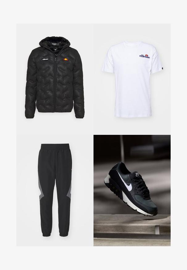 Čierna prešívaná bunda s kapucňou, so zapínaním na zips vpredu a logom na ľavej hrudi. Elastické manžety.; Biela bavlnená tričko s krátkymi rukávmi, na ľavej hrudi s námornícko modrým vyšitým logom a živou farebnou akcentáciou nad logom.; Čierne joggingové nohavice s elastickým pásom, zúženými manžetami a šedými panelovými akcentmi po stranách. Vyrobené z ľahkého materiálu, ponúkajú voľný strih.; Čierne a zelené tenisky s vzorovaným sieťovaným zvrškom, bielym logom Swoosh, polstrovaným golierom a viditeľnou vzduchovou tlmiacou jednotkou v podrážke.