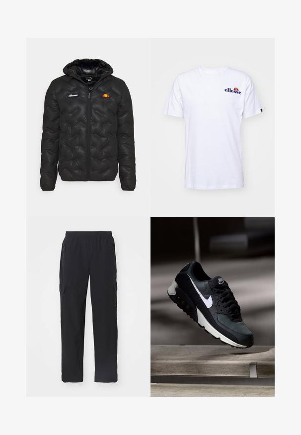 Černá péřová bunda s kapucí, s prošívaným designem, zapínáním na zip vpředu a logem na levé hrudi. Elastické manžety.; Bílý bavlněný tričko s krátkými rukávy, s námořnickou modrou vyšívanou nášivkou na levé části hrudi a živou barevnou akcentací nad logem.; Černé cargo kalhoty vyrobené z hladkého materiálu s elastickým pásem. Obsahují boční kapsy a cargo kapsy na stehnech pro úschovu.; Černá a zelená teniska s vzorovaným síťovaným svrškem, bílým logem Swoosh, polstrovaným límcem a viditelnou vzduchovou odpruženou jednotkou v podrážce.