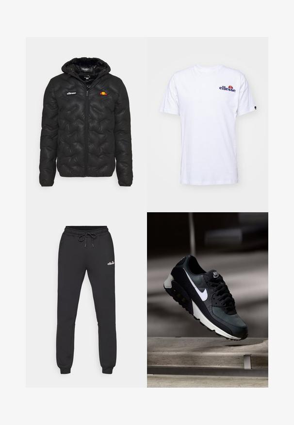 Čierna prešívaná bunda s kapucňou, so zapínaním na zips vpredu a logom na ľavej hrudi. Elastické manžety.; Biela bavlnená tričko s krátkymi rukávmi, na ľavej hrudi s námornícko modrým vyšitým logom a živou farebnou akcentáciou nad logom.; Čierne tepláky vyrobené z mäkkého materiálu, s nastaviteľným pásom, zúženými nohavicami a malým logom na hornej nohavici.; Čierne a zelené tenisky s vzorovaným sieťovaným zvrškom, bielym logom Swoosh, polstrovaným golierom a viditeľnou vzduchovou tlmiacou jednotkou v podrážke.