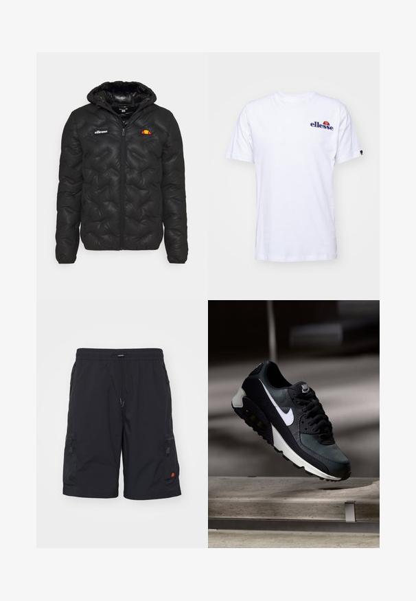 Casaco tipo puffer preto com capuz, apresentando um design acolchoado, fecho éclair frontal e um logótipo no peito esquerdo. Punhos elásticos.; Camiseta de algodão branca com mangas curtas, apresentando um logótipo bordado azul-marinho no lado esquerdo do peito e um toque de cor vibrante acima do logótipo.; Calções cargo pretos em tecido leve apresentam uma cintura elástica com cordão, bolsos laterais com zip, e um pequeno logotipo na perna esquerda.; Sapatilhas pretas e verdes com um upper de malha padrão, logotipo swoosh branco, colarinho almofadado e uma unidade de amortecimento de ar visível na sola.