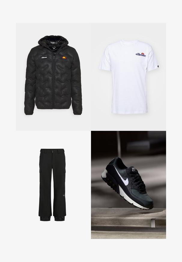 Black puffer jacket with a hood, featuring a quilted design, zip front, and a logo on the left chest. Elastic cuffs.; White cotton t-shirt with short sleeves, featuring a navy blue embroidered logo on the left chest and a vibrant color accent above the logo.; Black cargo pants with a loose fit, made of durable fabric. Features include zippered pockets, elastic cuffs, and a logo patch.; Black and green sneaker with a patterned mesh upper, white swoosh logo, padded collar, and a visible air cushioning unit in the sole.