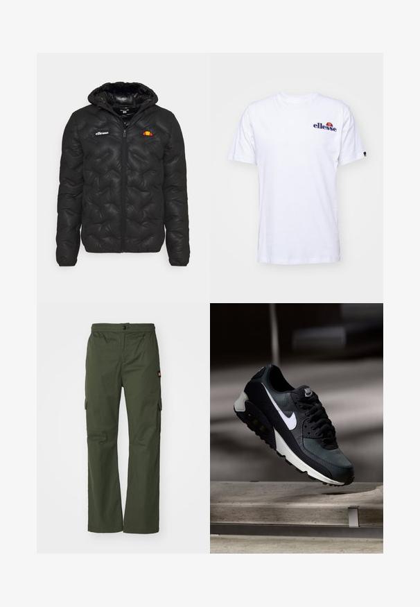 Svart pufferjakke med hette, med kviltet design, glidelås foran, og et logo på venstre bryst. Elastiske mansjetter.; Hvit bomulls T-skjorte med korte ermer, med en marineblå brodert logo på venstre bryst og en livlig farge aksent over logoen.; Olivenfargede cargobukser med knappelukking, elastisk midje og sidelommer, laget av lett stoff med en glatt tekstur.; Svart og grønn sneakers med et mønstret mesh-overdel, hvit swoosh-logo, polstret krage og en synlig luftdemping i sålen.