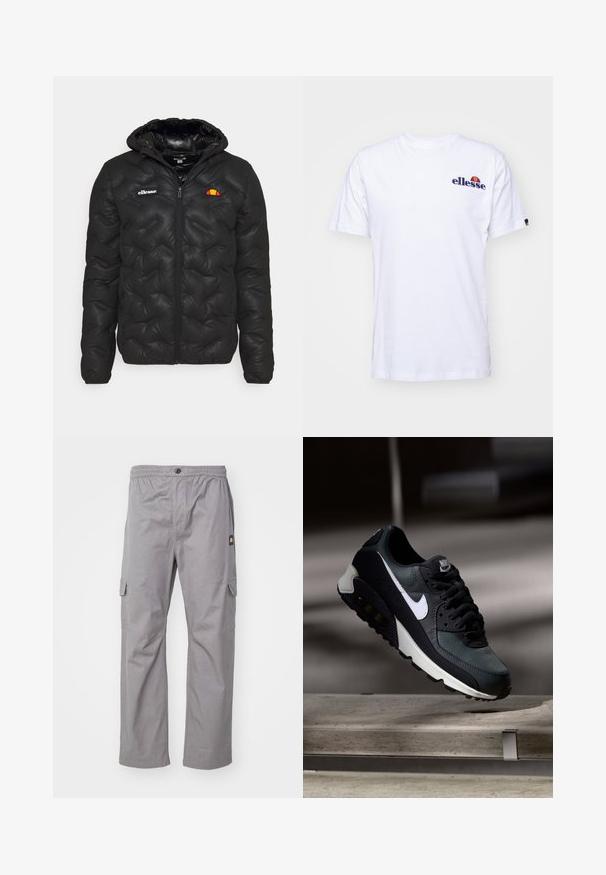 Zwarte pufferjack met capuchon, voorzien van een doorgestikt ontwerp, ritssluiting aan de voorkant en een logo op de linkerborst. Elastische manchetten.; Witte katoenen T-shirt met korte mouwen, voorzien van een marineblauw geborduurd logo op de linkerborst en een levendige kleurenaccent boven het logo.; Grijze cargobroek met een elastische taille, knoopsluiting, twee zijzakken en een klein logotag aan de linkerkant. Zachte stof en rechte pasvorm.; Zwarte en groene sneaker met een gemêleerde mesh bovenkant, witte swoosh-logo, gewatteerde kraag en een zichtbare luchtkusseneenheid in de zool.