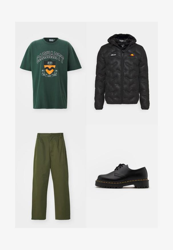 Mustmust must jacket kapuutsiga, millel on kviltitud disain, lukuga eesosa ja logo vasakul rinnal. Elastsed mansetid.; Tumedast rohelisest puuvillast T-särgist, millel on julge valge "CARHARTT" logo, oranž ja must kilpigraafika ning lühikesed varrukad.; Olive roheline, kõrge vöökoht ja sirge lõikega püksid. Valmistatud kergest kangast, ees on voldid ja nööpkinne.; Must musta lesti kingad ümarate varvastega, tekstureeritud kummitald ja kollane õmblus aluse ääres. Lame disain ja sile viimistlus.