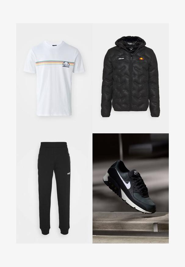 Černá péřová bunda s kapucí, s prošívaným designem, zapínáním na zip vpředu a logem na levé hrudi. Elastické manžety.; Bílý bavlněný tričko s krátkým rukávem, s horizontálním pruhovaným vzorem v červené, zelené, žluté a modré barvě, navíc s námořnickým logem na hrudi.; Černé tepláky vyrobené z měkké tkaniny mají zúžený střih nohavic, elastický pas, boční kapsy na zip a malou logovou akcentaci.; Černá a zelená teniska s vzorovaným síťovaným svrškem, bílým logem Swoosh, polstrovaným límcem a viditelnou vzduchovou odpruženou jednotkou v podrážce.