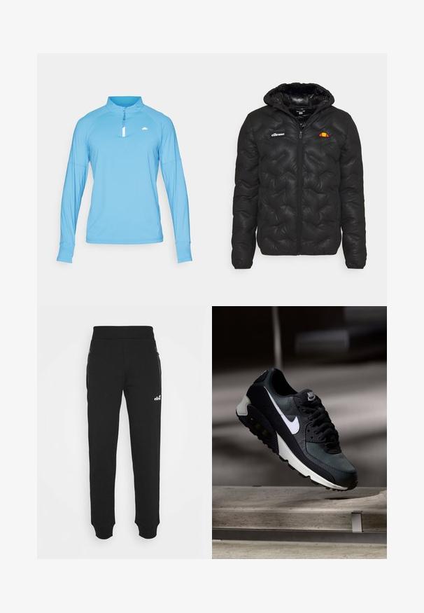 Crna jakna od puf materijala s kapuljačom, s debele šavovima, zatvaranjem na zip i logotipom na lijevoj strani prsnog koša. Elastični završeci rukava.; Svijetloplava majica dugih rukava s polu-zip ovratnikom, izrađena od glatke tkanine. Ima raglan rukave i mali logo na prsima.; Crne trenirke od mekanog materijala imaju suženi kroj nogavica, elastičnu traku u struku, bočne džepove sa patent zatvaračima i mali akcent logotipa.; Crne i zelene tenisice s uzorkovanom mrežicom na gornjem dijelu, bijelim swoosh logom, podstavljenim ovratnikom i vidljivom zračnom jastučićem u potplatu.