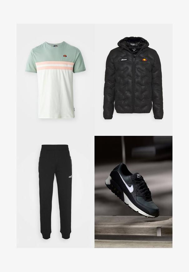 Casaco tipo puffer preto com capuz, apresentando um design acolchoado, fecho éclair frontal e um logótipo no peito esquerdo. Punhos elásticos.; T-shirt verde-claro e branco com riscas horizontais rosa e brancas, gola redonda e pequeno logótipo bordado no canto superior esquerdo do peito.; Calças de treino pretas, feitas de um tecido suave, apresentam um design de perna afunilada, cintura elástica, pockets laterais com fechos éclair, e um pequeno logótipo como detalhe.; Sapatilhas pretas e verdes com um upper de malha padrão, logotipo swoosh branco, colarinho almofadado e uma unidade de amortecimento de ar visível na sola.
