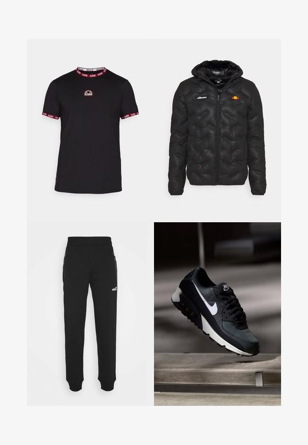 Černá péřová bunda s kapucí, s prošívaným designem, zapínáním na zip vpředu a logem na levé hrudi. Elastické manžety.; Černé tričko s krátkým rukávem, červený a bílý pruhovaný límeček a manžety. Na hrudi má malé vyšívané logo. Měkký bavlněný materiál.; Černé tepláky vyrobené z měkké tkaniny mají zúžený střih nohavic, elastický pas, boční kapsy na zip a malou logovou akcentaci.; Černá a zelená teniska s vzorovaným síťovaným svrškem, bílým logem Swoosh, polstrovaným límcem a viditelnou vzduchovou odpruženou jednotkou v podrážce.