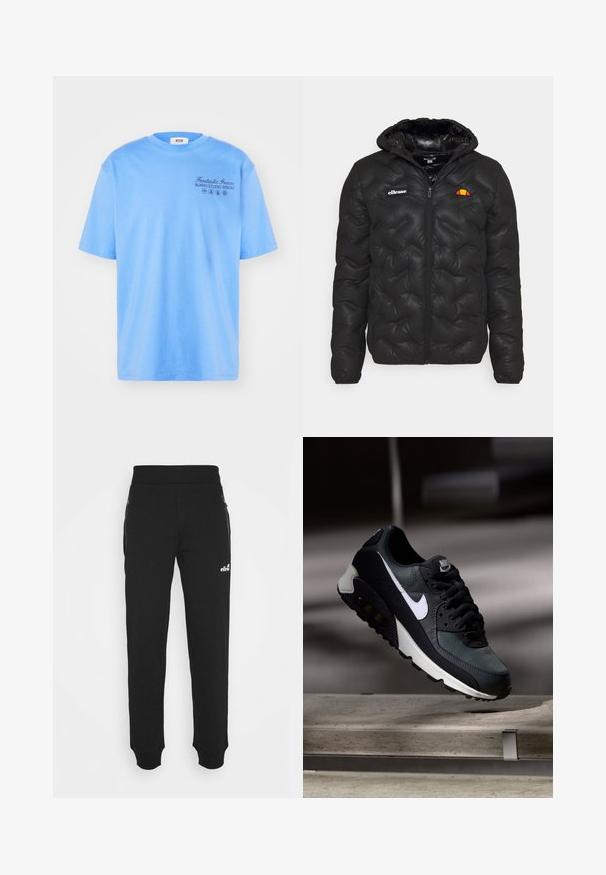 Casaco tipo puffer preto com capuz, apresentando um design acolchoado, fecho éclair frontal e um logótipo no peito esquerdo. Punhos elásticos.; T-shirt de algodão azul claro, com mangas curtas, decote redondo e texto preto: "Fantastic Green Burro Studio MSGM" com acentos gráficos.; Calças de treino pretas, feitas de um tecido suave, apresentam um design de perna afunilada, cintura elástica, pockets laterais com fechos éclair, e um pequeno logótipo como detalhe.; Sapatilhas pretas e verdes com um upper de malha padrão, logotipo swoosh branco, colarinho almofadado e uma unidade de amortecimento de ar visível na sola.