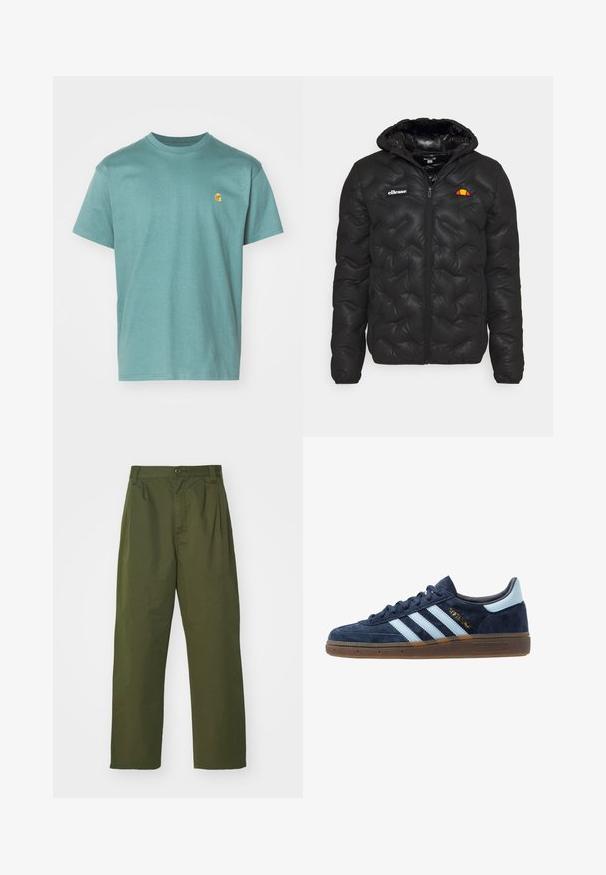 Fekete pufferszövet kabát kapucnival, steppelt dizájnnal, elől cipzárral és bal mellkason logóval. Rugalmas mandzsetták.; Teal színű pamut póló, rövid ujjú, kerek nyakkivágással, a bal mellrészen egy kis sárga logóval. Textúrás anyag, sima felülettel.; Olívazöld, magas derekú nadrág, egyenes lábformával. Könnyű anyagból készült, elöl redőzött és gombos záródással.; Sötétkék velúr Adidas sneaker világoskék csíkokkal, gumitalppal, világoskék saroktabbal és arany "Spezial" márkázással az oldalon.