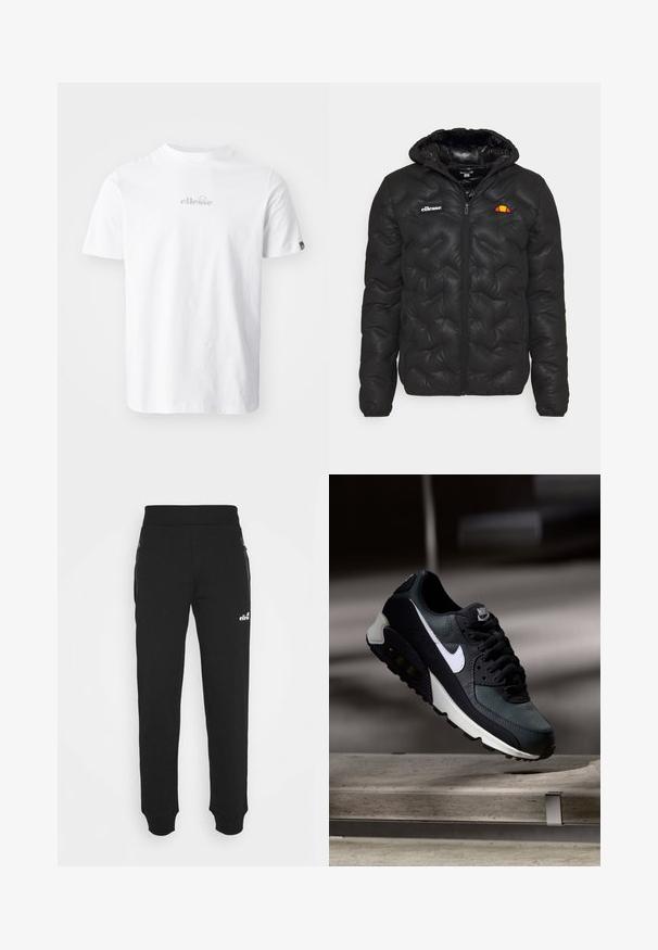 Chaqueta acolchada negra con capucha, con un diseño acolchado, cierre delantero de cremallera y un logo en el pecho izquierdo. Puños elásticos.; Camiseta de algodón blanca con mangas cortas, cuello redondo y un pequeño logotipo gris de "ellesse" en el pecho. Textura suave, corte clásico.; Pantalones de chándal negros hechos de una tela suave que cuentan con un diseño de pierna ajustada, cintura elástica, bolsillos laterales con cremalleras y un pequeño logo de acento.; Zapatilla negra y verde con una parte superior de malla con diseño, logotipo Swoosh blanco, cuello acolchado y una unidad de amortiguación de aire visible en la suela.