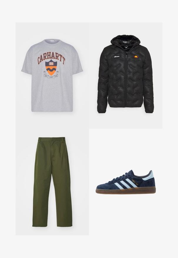 Fekete pufferszövet kabát kapucnival, steppelt dizájnnal, elől cipzárral és bal mellkason logóval. Rugalmas mandzsetták.; Carhartt WIP LAZY DUCK ACADEMY - Nyomott mintás póló - grey heather stone washed; Olívazöld, magas derekú nadrág, egyenes lábformával. Könnyű anyagból készült, elöl redőzött és gombos záródással.; Sötétkék velúr Adidas sneaker világoskék csíkokkal, gumitalppal, világoskék saroktabbal és arany "Spezial" márkázással az oldalon.