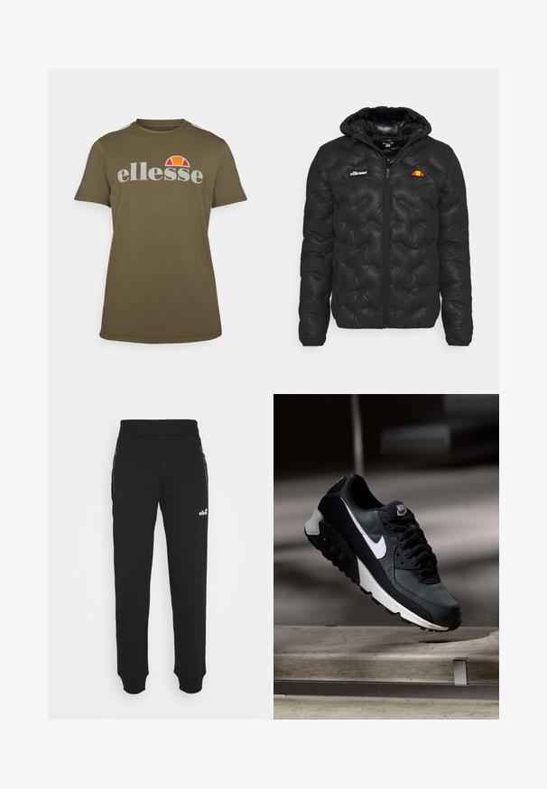 Svart pufferjakke med hette, med kviltet design, glidelås foran, og et logo på venstre bryst. Elastiske mansjetter.; Olivengrønn kortermet t-skjorte laget av bomull med rund hals. Har "ellesse"-logo i grått med et flerfarget sol-design over.; Svarte joggebukser laget av mykt stoff har en innskrenket bendesign, elastisk midje, sidelommer med glidelås og en liten logoak accent.; Svart og grønn sneakers med et mønstret mesh-overdel, hvit swoosh-logo, polstret krage og en synlig luftdemping i sålen.