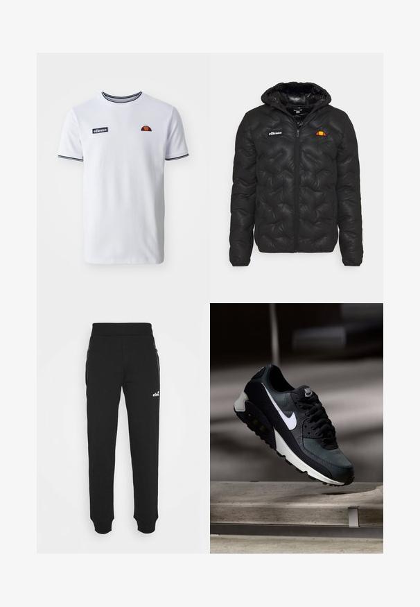 Mustmust must jacket kapuutsiga, millel on kviltitud disain, lukuga eesosa ja logo vasakul rinnal. Elastsed mansetid.; Valge T-särk ümmarguse kaelusega, tumesinise triibulise aktsentidega, tikandiga logo rinnal ja lühikeste varrukatega, millel on vastav krae äärekaunistus.; Mustad mustadest kangast valmistatud dressipüksid, millel on kitsenev jalgade disain, elastne vöökoht, küljetaskud tõmblukuga ning väike logo aksessuaar.; Must must ja rohelised tossud, millel on mustriline võrgu pealmine osa, valge Swoosh-logo, pehmendatud krae ja nähtav õhutusüksus tallas.