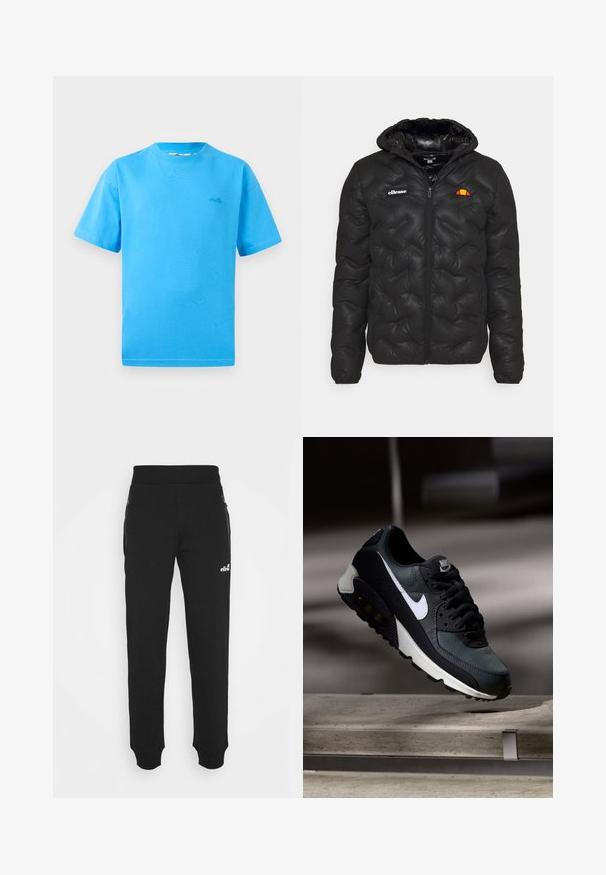 Čierna prešívaná bunda s kapucňou, so zapínaním na zips vpredu a logom na ľavej hrudi. Elastické manžety.; Svetlomodré bavlnené tričko s krátkymi rukávmi, okrúhlym výstrihom a malým logom na ľavej hrudi. Hladká textúra a klasický strih.; Čierne tepláky vyrobené z jemnej tkaniny majú zúžený strih na nohách, elastický pás, bočné vrecká na zips a malú logo akcentáciu.; Čierne a zelené tenisky s vzorovaným sieťovaným zvrškom, bielym logom Swoosh, polstrovaným golierom a viditeľnou vzduchovou tlmiacou jednotkou v podrážke.