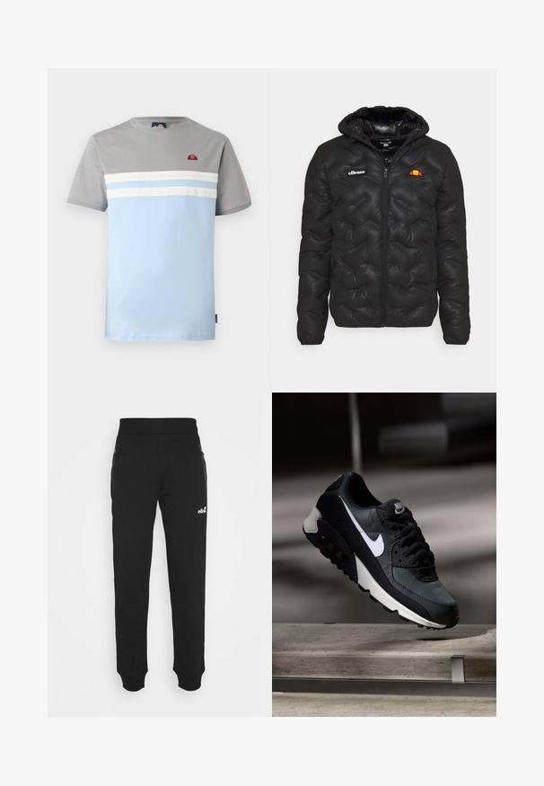 Svart puffjacka med huva, med ett quiltat mönster, dragkedja fram och en logotyp på vänster bröst. Elastiska ärmslut.; Kortärmad t-shirt i grått och ljusblått, med horisontella vita ränder och en liten logotyp på bröstet. Tillverkad av bomull, avslappnad design.; Svarta sweatpants i mjukt tyg har en tapered leg-design, resårmidja, sidofickor med dragkedjor och en liten logotypdetalj.; Svart och grön sneaker med ett mönstrat mesh-övre, vit swoosh-logotyp, vadderad krage och en synlig luftkudde i sulan.