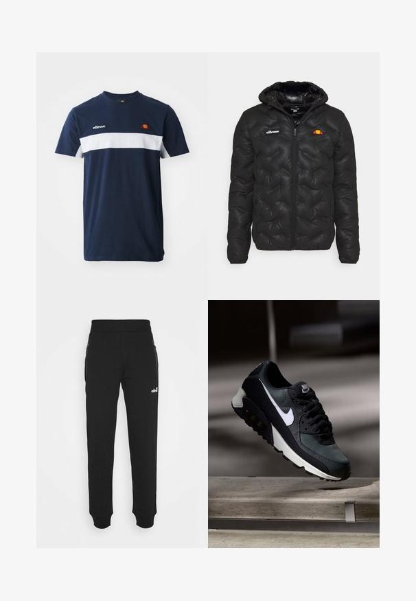 Mustmust must jacket kapuutsiga, millel on kviltitud disain, lukuga eesosa ja logo vasakul rinnal. Elastsed mansetid.; Ellesse DINELLI TEE - Trükipildiga T-särk - navy; Mustad mustadest kangast valmistatud dressipüksid, millel on kitsenev jalgade disain, elastne vöökoht, küljetaskud tõmblukuga ning väike logo aksessuaar.; Must must ja rohelised tossud, millel on mustriline võrgu pealmine osa, valge Swoosh-logo, pehmendatud krae ja nähtav õhutusüksus tallas.