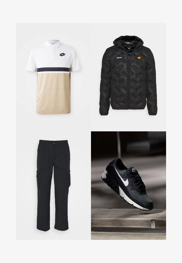 Czarna puchowa kurtka z kapturem, o pikowanej strukturze, z zapięciem na zamek z przodu oraz logo na lewej piersi. Elastyczne mankiety.; Koszulka polo z białą górą, beżowym dołem i granatowym poziomym paskiem. Posiada zapięcie na guziki przy kołnierzyku i logo na piersi. Teksturowana tkanina.; Czarne spodnie cargo wykonane z tkaniny tkanej. Posiadają regulowany pas, boczne kieszenie oraz dwie kieszenie robocze z zamkami błyskawicznymi.; Czarno-zielony sneaker z wzorzystą siateczką górną, białym logo Swoosh, wyściełanym kołnierzem oraz widoczną jednostką poduszkową w podeszwie.