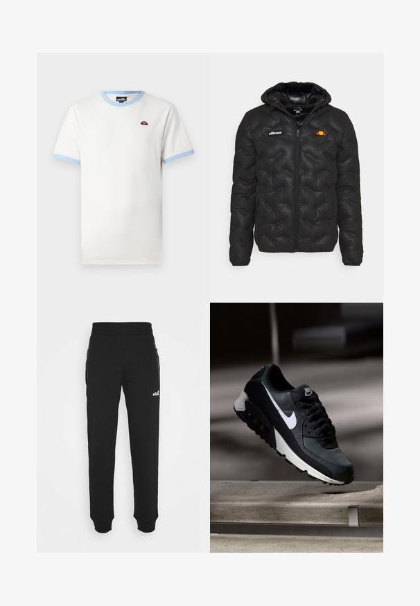 Črna pufasta jakna s kapuco, z quilted vzorcem, zadrgo spredaj in logotipom na levem prsnem delu. Elastični manšeti.; Bela bombažna majica s svetlo modrim rebrastim ovratnikom in robovi rokavov. Ima majhen rdeč in oranžen logotip na prsih. Klasičen kroj.; Črne trenirke iz mehkega blaga imajo zasnovo z zoženimi nogami, elastičen pas, stranske žepe z zadrgo in majhen logotip.; Črne in zelene športne copate z vzorčasto mrežasto zgornjo obutvijo, belim swoosh logotipom, oblazinjenim ovratnikom in vidno enoto z zračnim blaženjem v podplatu.