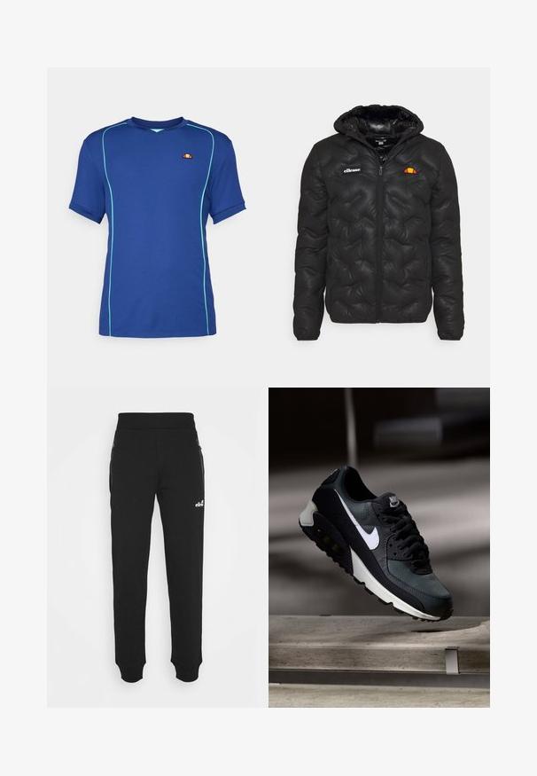 Casaco tipo puffer preto com capuz, apresentando um design acolchoado, fecho éclair frontal e um logótipo no peito esquerdo. Punhos elásticos.; T-shirt azul de manga curta com um tecido texturizado, apresentando detalhes em verde-azulado e um pequeno logotipo. Design em V com detalhes em costura contrastantes.; Calças de treino pretas, feitas de um tecido suave, apresentam um design de perna afunilada, cintura elástica, pockets laterais com fechos éclair, e um pequeno logótipo como detalhe.; Sapatilhas pretas e verdes com um upper de malha padrão, logotipo swoosh branco, colarinho almofadado e uma unidade de amortecimento de ar visível na sola.