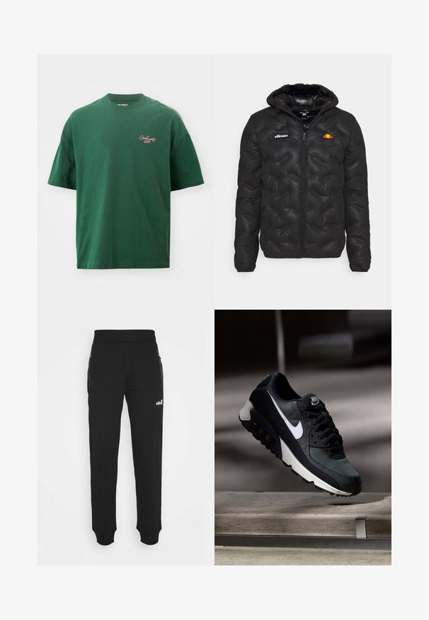 Schwarze Pufferjacke mit Kapuze, mit einem gesteppten Design, Reißverschluss vorne und einem Logo auf der linken Brust. Elastische Bündchen.; Grünes kurzärmliges T-Shirt aus Baumwolle. Hat einen runden Halsausschnitt und ein kleines pinkes "Carhartt WIP"-Logo auf der linken Brust.; Schwarze Sweatpants aus weichem Material verfügen über einen taillierten Beinschnitt, einen elastischen Bund, seitliche Taschen mit Reißverschlüssen und eine kleine Logo-Akzentuierung.; Schwarze und grüne Sneakers mit einem gemusterten Mesh-Obermaterial, weißem Swoosh-Logo, gepolstertem Kragen und einer sichtbaren Luftpolsterung in der Sohle.
