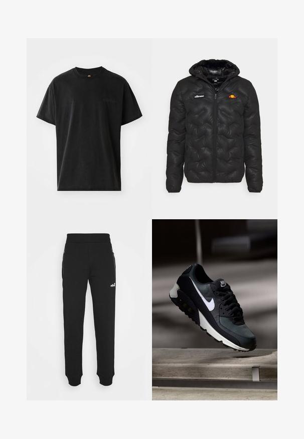 Svart puffjacka med huva, med ett quiltat mönster, dragkedja fram och en logotyp på vänster bröst. Elastiska ärmslut.; Svart bomulls t-shirt med rund hals och korta ärmar. Har en något avslappnad passform, slät yta och diskret logotyp framtill.; Svarta sweatpants i mjukt tyg har en tapered leg-design, resårmidja, sidofickor med dragkedjor och en liten logotypdetalj.; Svart och grön sneaker med ett mönstrat mesh-övre, vit swoosh-logotyp, vadderad krage och en synlig luftkudde i sulan.