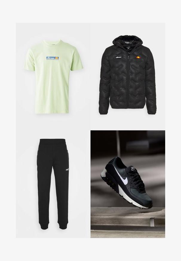 Juodas pūkinis švarkas su gobtuvu, su siuvinėtu dizainu, užtrauktuko priekyje ir logotipu kairėje krūtinės pusėje. Elastingos rankogaliai.; Šviesiai žalia medvilninė marškinėliai su mėlynu ir oranžiniu "ellesse" logotipu priekyje. Klasikinio apykaklės dizaino, trumpomis rankovėmis.; Juodos sportinės kelnės, pagamintos iš minkštos medžiagos, turi siaurėjančius kojų šonus, elastinę juostą, šonines kišenes su užtrauktukais ir mažą logotipo akcentą.; Juoda ir žalia sportinė avalynė su raštuotu tinklu viršuje, balta Swoosh logotipas, paminkštinta apykaklė ir matoma oro pagalvė pado viduje.