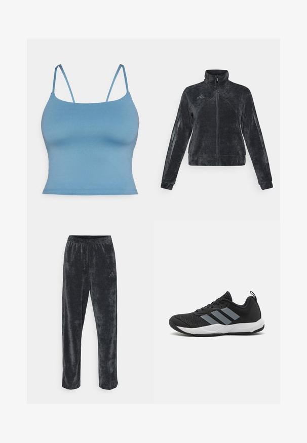 Crna flis jakna s visokim ovratnikom, zatvaranjem na zip i bočnim trakama. Ima teksturiranu tkaninu i Adidas logo na gornjem lijevom dijelu.; Plava uska majica bez rukava s tankim naramenicama, izrađena od glatkog rastezljivog materijala. Jednostavan dizajn s ravnim rubom i bez dodatnih detalja.; Sive, meke velur hlače s opuštenim krojem, s elastičnim pojasom i suptilnim bočnim prugama. Mali logo detalj na gornjem dijelu noge.; Crne sportske tenisice s svijetlo sivim prugama, gornjište izrađeno od teksturirane mreže, crne vezice i bijela potplata. Imaju također petlju na peti.