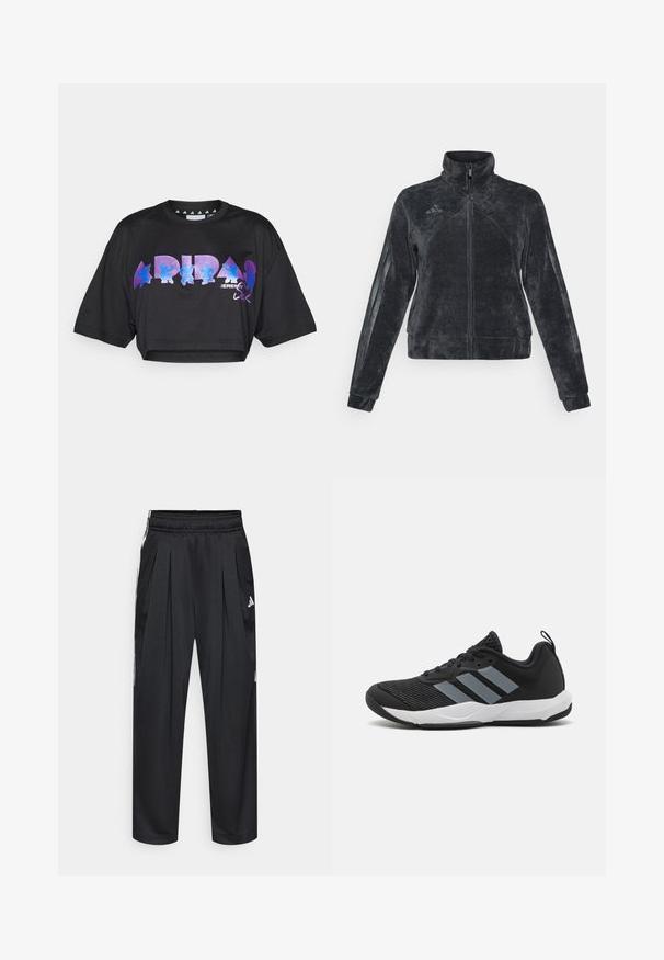 Casaco de fleece preto com gola alta, fecho com zipper e riscas laterais. Apresenta um tecido texturizado e o logótipo da Adidas na parte superior esquerda.; T-shirt preta cropped em tecido leve, com grande texto gráfico em roxo e azul e elementos de design na parte da frente, com mangas curtas.; Calças atléticas pretas com pregas, cintura elástica e riscas laterais. Feitas de tecido liso, com o logótipo da Adidas em branco.; Shoe atlético preto com riscas cinza claro, malha texturizada na parte superior, atacadores pretos e sola branca. Inclui uma alça na parte de trás.