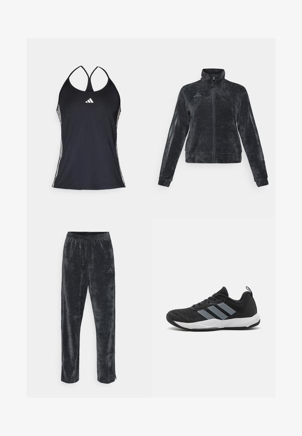 Veste en polaire noire avec un col montant, fermeture éclair et bandes latérales. Possède un tissu texturé et le logo Adidas en haut à gauche.; Débardeur de sport noir en tissu lisse. Présente des bretelles fines et des rayures blanches sur les côtés, avec un petit logo blanc à l'avant.; Pantalon en velours gris, doux et confortable, avec une coupe décontractée, doté d'une taille élastique et de bandes latérales discrètes. Petit logo sur le haut de la cuisse.; Chaussure de sport noire avec des rayures gris clair, tige en maille texturée, lacets noirs et semelle extérieure blanche. Comprend une languette à l'arrière.