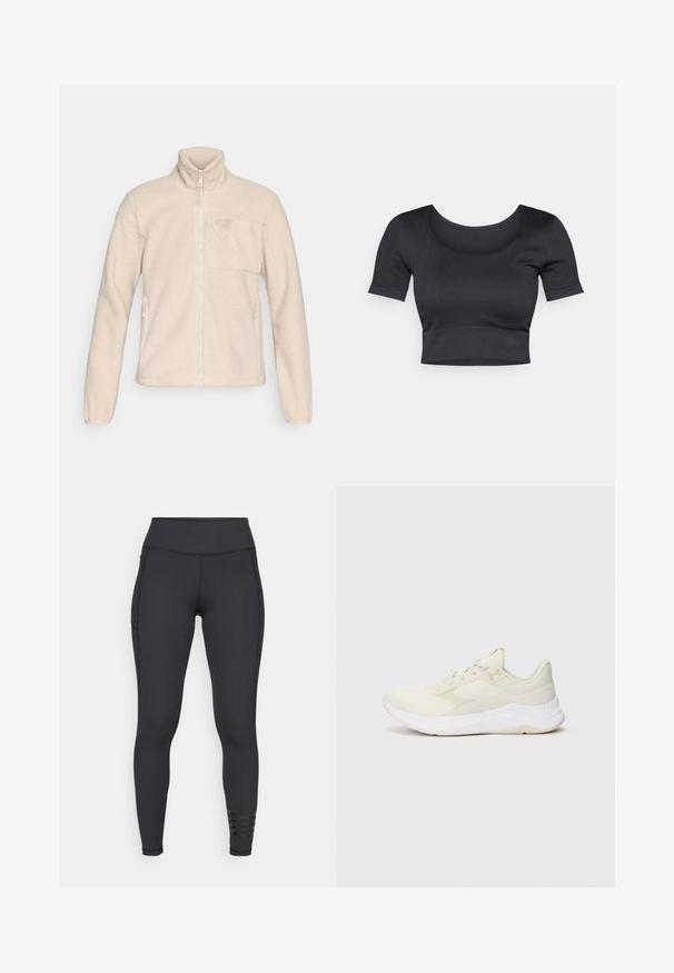 Beige fleece jakke med høy krage, full glidelås foran og brystlomme. Har side lommer og en teksturert, myk overflate.; Svart ribbestrikket cropped topp med korte ermer, vid rund halslinning og en tettsittende kant nederst. Myk tekstur, uformell design.; Sorte leggings laget av elastisk materiale, med høy midjebånd, strømlinjeformet design og stripete detaljer nær ankelen.; Lysfargede treningssko laget av mesh og syntetiske materialer, med en teksturert overdel, polstret såle og subtil merkevare.