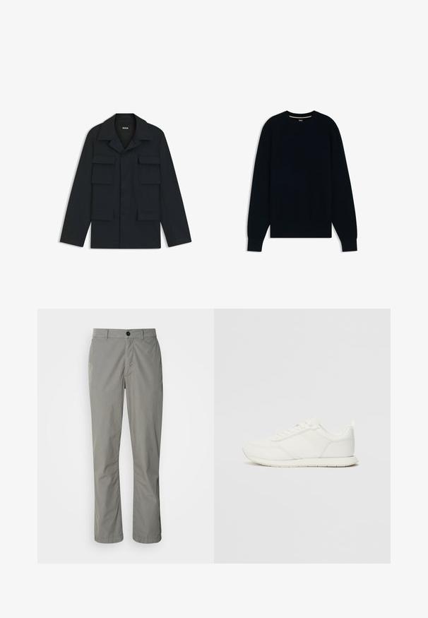 Marinblå arbetsjacka i lätt material, med klassisk krage och fyra framfickor. Rakt snitt med långa ärmar.; Mörkblå stickad tröja med en strukturerad mönster. Har en rund halsringning och ribbade ärmslut och fåll för en nära passform.; Ljusgrå byxor tillverkade av lättviktigt tyg. De har en framknäppning, snedställda fickor och en rak bendesign.; Vita sneakers med ett överdel i mesh och syntetmaterial, rund tå, platta snörning, och ett texturerat sidostreck. Gummisula med en dragflik bak.