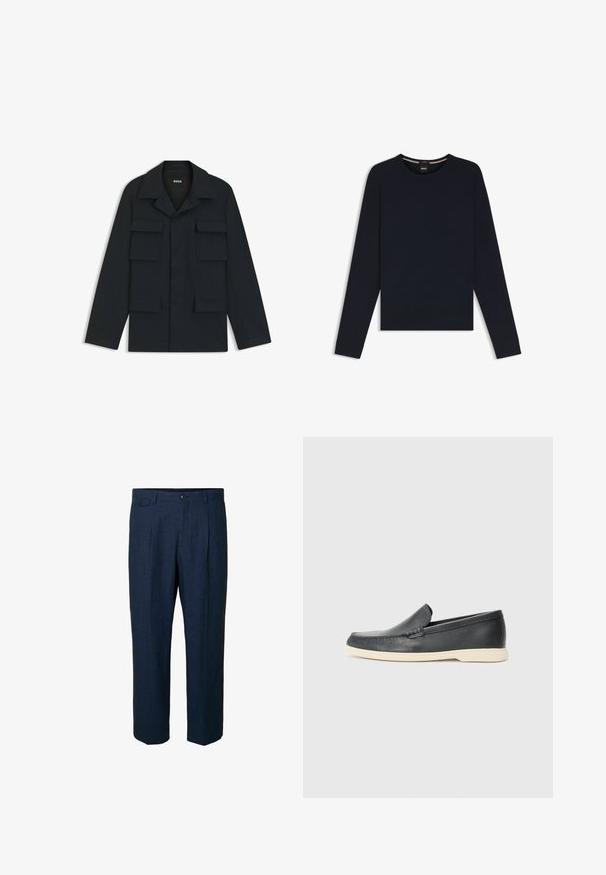 Navyblaue Utility-Jacke aus leichtem Stoff, mit klassischem Kragen und vier vorderen Taschen. Gerader Schnitt mit langen Ärmeln.; Dunkelblaues Langarm-Sweatshirt aus weicher Baumwolle, mit Rundhalsausschnitt und gerippten Bündchen, sowie einem dezenten Logo-Tag am Kragen.; Marineblaue Leinenhose mit geradem Schnitt, ausgestattet mit zwei vorderen Taschen, zwei hinteren Taschen und einem einzelnen Knopfverschluss an der Taille.; Schwarze Leder-Slipper mit strukturiertem Finish und einer kontrastierenden beige Gummisohle. Mit einem dezenten Akzent an der Vorderseite.