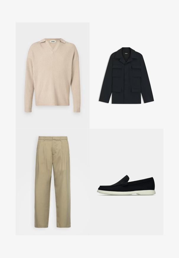 Marineblauwe utilityjack gemaakt van lichtgewicht stof, met een klassieke kraag en vier voorzakken. Rechte snit met lange mouwen.; Beige geribbelde gebreide pullover met een V-hals en kraag, voorzien van lange mouwen en een ontspannen pasvorm, gemaakt van een zachte, gestructureerde stof.; Beige, hoge taille broek met een rechte snit, voorzien van een platte voorkant, zijzakken en een gladde, gestructureerde stof.; Zwarte instapper met een ronde neus, voorzien van een textuur bovenwerk, gladde witte zool en subtiele merktekens aan de zijkant.