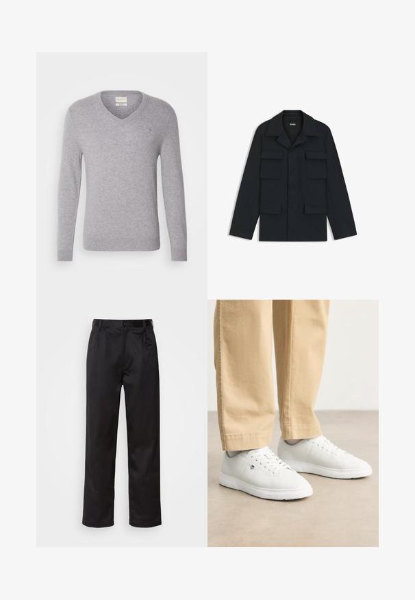 Navyblaue Utility-Jacke aus leichtem Stoff, mit klassischem Kragen und vier vorderen Taschen. Gerader Schnitt mit langen Ärmeln.; Grauer Woll-V-Ausschnitt-Pullover mit langen Ärmeln, der ein kleines gesticktes Logo auf der Brust sowie gerippte Bündchen und Saum aufweist.; Schwarze Hosen aus glattem Stoff, mit einem Knopfverschluss vorne, Falten und geraden Beinen. Keine sichtbaren Muster oder Akzente.; Weiße Ledersneaker mit glatter Oberfläche, runde Zehenpartie, Schnürdesign und dezente Logo-Details an der Seite, kombiniert mit beigen Hosen.