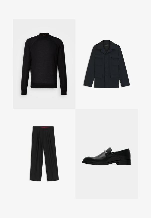 Navyblaue Utility-Jacke aus leichtem Stoff, mit klassischem Kragen und vier vorderen Taschen. Gerader Schnitt mit langen Ärmeln.; Schwarzer Strickpullover mit hohem Kragen, langen Ärmeln und gerippten Manschetten. Verfügt über eine glatte Textur und ein klassisches, angearbeitetes Design.; Schwarze weit geschnittene Hosen mit flachem Bund, zwei seitlichen Taschen, gefaltetem Design und einem kontrastierenden roten Innenbund.; Schwarze lederne Herrenmokassin mit einer Metallschnalle, flachem Absatz und markiertem Sohlen, seitlich auf einem weißen Hintergrund gezeigt.