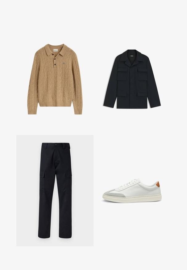 Marineblauwe utilityjack gemaakt van lichtgewicht stof, met een klassieke kraag en vier voorzakken. Rechte snit met lange mouwen.; Lichtbruin kabelbrei lange mouw polo trui met kraag, drie zwarte knopen en klein geborduurd logo op de borst.; Zwarte cargobroek van stevig materiaal, met een rechte pijp, twee zijzakken en een knoopsluiting bij de taille.; Witte leren sneakers met grijze suede accenten en een tan leren hieltab. Kenmerkt zich door een textuurovervlak en een lichtgewicht zool.