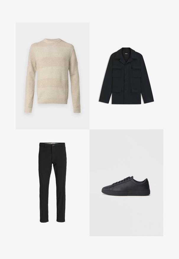 Giacca utility blu navy realizzata in tessuto leggero, con colletto classico e quattro tasche frontali. Taglio dritto con maniche lunghe.; Maglione beige lavorato a maglia con strisce orizzontali, scollatura rotonda e dettagli testurizzati sulle maniche e sul corpo. Presenta polsini e orlo a costine.; Pantaloni neri in cotone misto con vestibilità slim, dotati di chiusura con bottone, tasche e orli arrotolati per un look informale.; Sneakers neri realizzati in pelle liscia, con design a bassa cima, punta rotonda e suola piatta in gomma. Presentano lacci e un branding discreto.