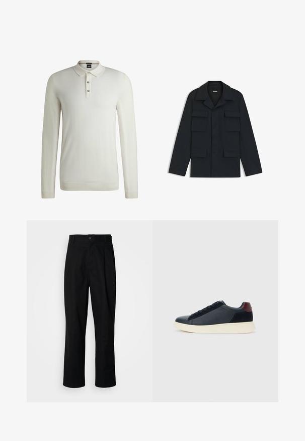 Laivaston sininen utiliittijakku, joka on valmistettu kevyestä kankaasta. Siinä on klassinen kaulus ja neljä etutaskua. Suora leikkaus ja pitkät hihat.; BOSS Neule - open white eleven; Mustat suorat housut napillisella vyötäröllä, vyölenkeillä ja etukaanneksilla, esitelty vaaleaa taustaa vasten.; Miestne bežecké tenisky s nízkym strihom v čiernej koži a semišovej úprave s bordovým jazykom a bielou gumovou podrážkou, pohľad z vonkajšej strany.