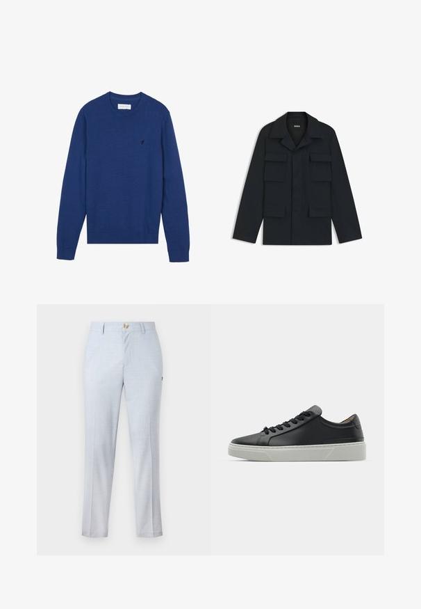 Giacca utility blu navy realizzata in tessuto leggero, con colletto classico e quattro tasche frontali. Taglio dritto con maniche lunghe.; Maglione lavorato a maglia blu navy con scollo rotondo, maniche lunghe e polsini a coste. Presenta un piccolo logo ricamato sul petto.; Pantaloni blu chiaro realizzati in tessuto tessuto, con una vestibilità classica, gamba dritta, tasche frontali e chiusura con bottone. Dettaglio di pattern sottile.; Sneaker in pelle nera con una texture liscia, punta rotonda e lacci neri. Presenta una suola in gomma bianca spessa con sottili accenti geometrici.