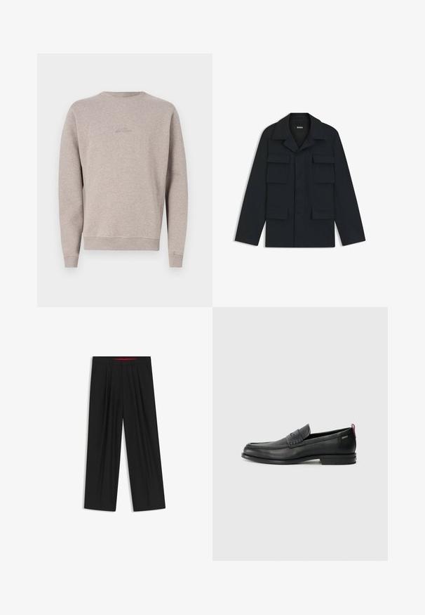 Giacca utility blu navy realizzata in tessuto leggero, con colletto classico e quattro tasche frontali. Taglio dritto con maniche lunghe.; Felpa grigia chiara realizzata in tessuto morbido, con collo rotondo, maniche lunghe e polsini e orlo a coste. Logo discreto ricamato sulla parte anteriore.; Pantaloni neri a gamba larga con fronte piatto, due tasche laterali, design plissettato e un elastico in vita di colore rosso a contrasto.; Mocassini in pelle nera con un pannello anteriore testurizzato e lati lisci. Presentano un tacco sottile e un anello sul retro per una vestibilità facile. Design classico.