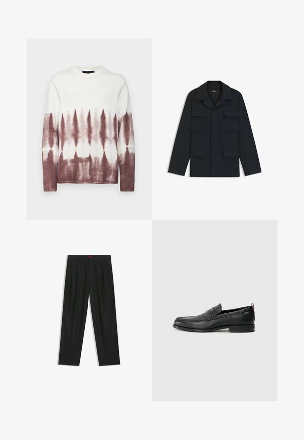 Giacca utility blu navy realizzata in tessuto leggero, con colletto classico e quattro tasche frontali. Taglio dritto con maniche lunghe.; Maglione girocollo in pile con motivo tie-dye, bianco nella parte superiore che passa a una tonalità bordeaux nella parte inferiore. Tessuto morbido.; Pantaloni neri con un design plissè, forma a gamba larga e texture liscia. Presentano un'etichetta rossa in vita.; Mocassini in pelle nera con un pannello anteriore testurizzato e lati lisci. Presentano un tacco sottile e un anello sul retro per una vestibilità facile. Design classico.