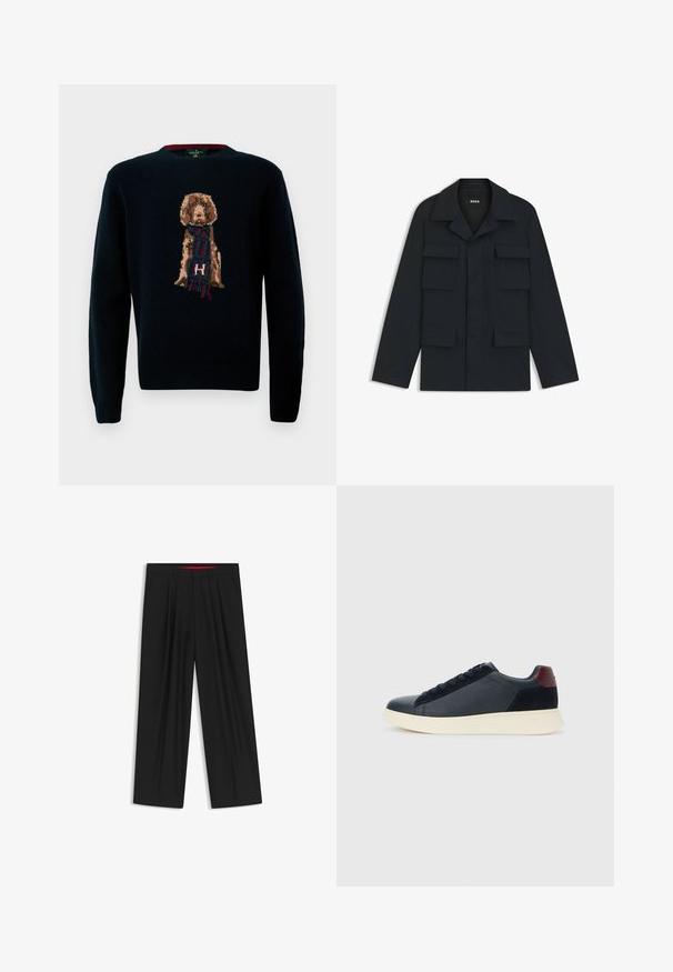 Marineblauwe utilityjack gemaakt van lichtgewicht stof, met een klassieke kraag en vier voorzakken. Rechte snit met lange mouwen.; Marineblauwe gebreide trui met een gedetailleerd hondenontwerp met een sjaal. Zachte textuur, ronde hals en ribbelmanchetten en -zoom.; Zwarte wijde broek met een vlakke voorkant, twee zijzakken, geplooid ontwerp en een contrasterende rode binnenband.; Lage herensneaker van zwart leer en suede met een bordeauxrode hieltab en een witte rubberen zool, gezien vanuit de buitenkant.