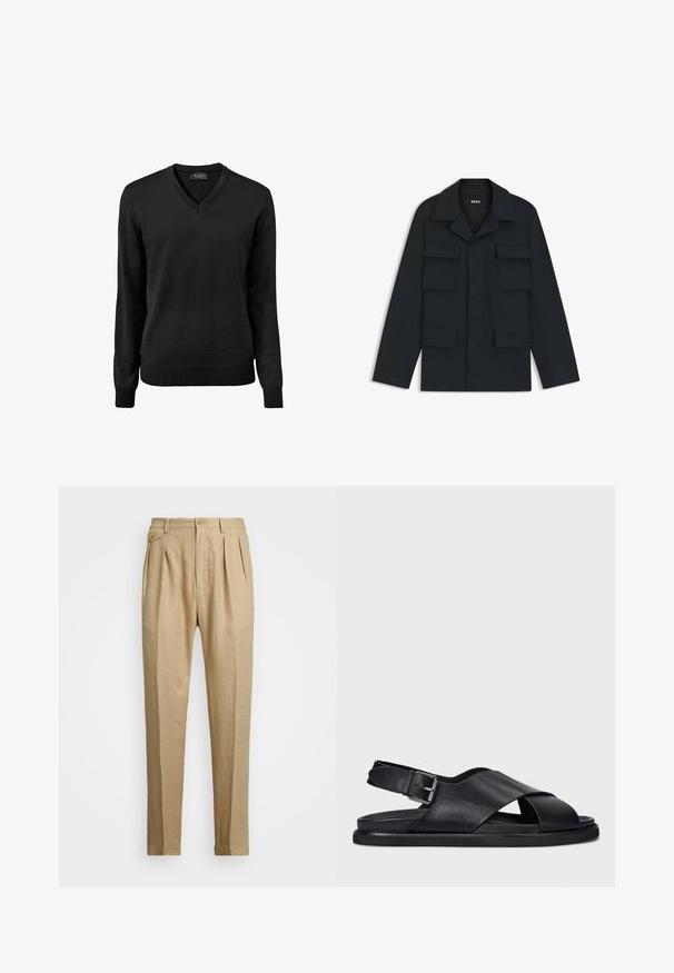 Giacca utility blu navy realizzata in tessuto leggero, con colletto classico e quattro tasche frontali. Taglio dritto con maniche lunghe.; Maglione nero a V in materiale morbido a maglia, con maniche lunghe e polsini e orlo a coste per un look aderente.; Pantaloni in lino beige con taglio dritto, dotati di due pince anteriori, chiusura con bottone e tasche laterali. Tessuto testurizzato con una finitura liscia.; Polo Ralph Lauren ZANE LEATHER SANDAL - Sandali - black