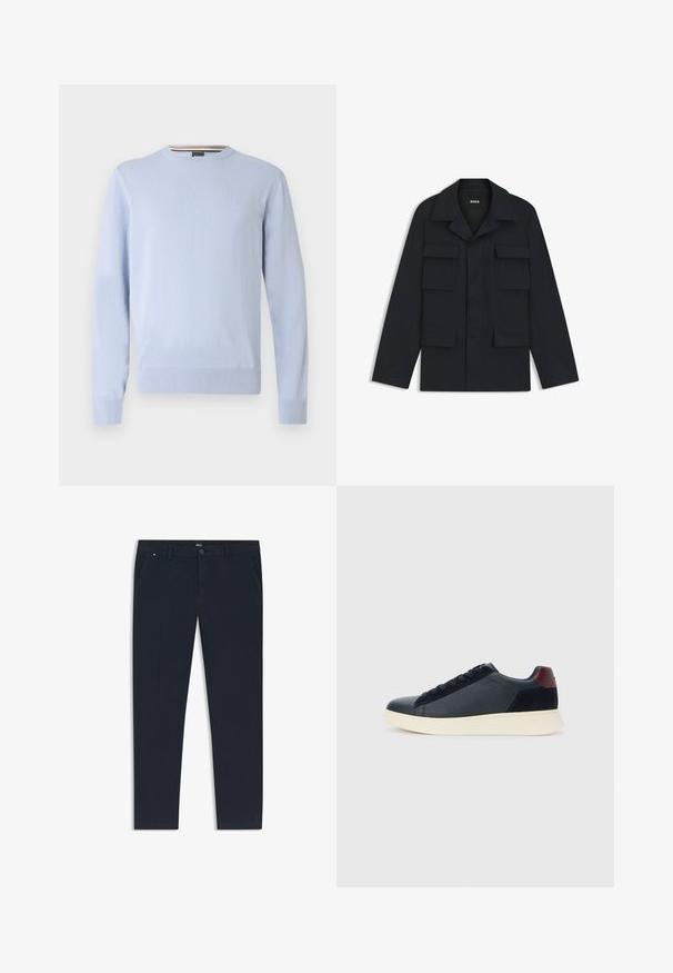 Veste utilitaire bleu marine en tissu léger, dotée d'un col classique et de quatre poches avant. Coupe droite avec des manches longues.; Pull bleu clair, col rond, manches longues, poignets et ourlet côtelés, avec un petit logo sur la poitrine, en tissu tricoté doux.; Pantalon bleu marine en tissu léger, avec une coupe droite, des poches latérales et une fermeture à bouton à l'avant avec un détail de marque.; Baskets basses pour hommes en cuir noir et daim avec un tirant de talon bordeaux et une semelle en caoutchouc blanche, vues depuis le côté extérieur.