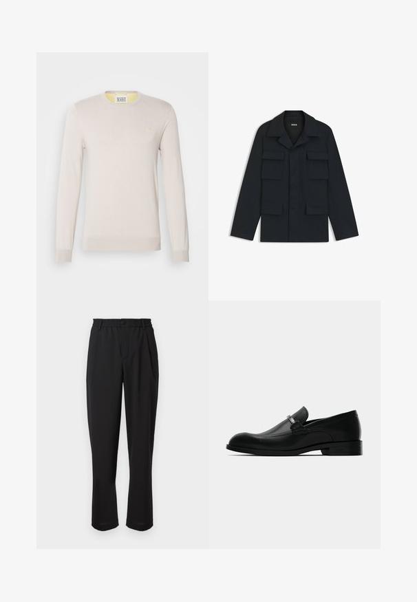 Navyblaue Utility-Jacke aus leichtem Stoff, mit klassischem Kragen und vier vorderen Taschen. Gerader Schnitt mit langen Ärmeln.; Hellbeige Strickpullover mit langen Ärmeln, rundem Ausschnitt und dezenten gerippten Bündchen. Verfügt über ein kleines goldenes Logo auf der Brust.; Schwarze Hose mit einem elastischen Bund, Knopfverschluss und geradem Beinansatz. Glattes Material, keine sichtbaren Muster oder Akzente.; Schwarze lederne Herrenmokassin mit einer Metallschnalle, flachem Absatz und markiertem Sohlen, seitlich auf einem weißen Hintergrund gezeigt.